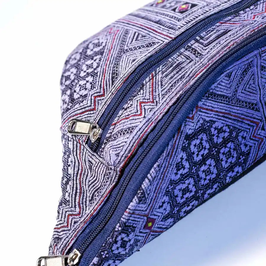 Vindigo hemp waist bag purple geometric embroidery zipper detail