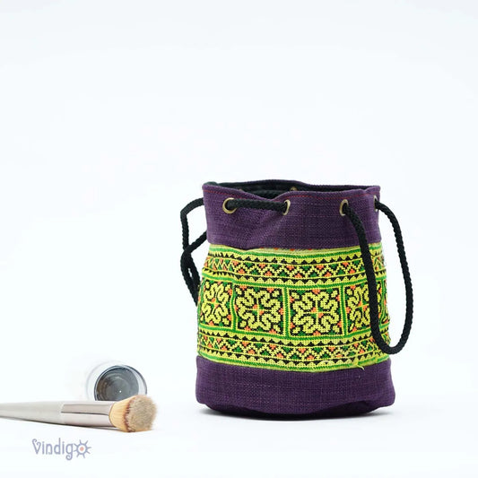 Vindigo purple tribal hemp mini drawstring pouch front view