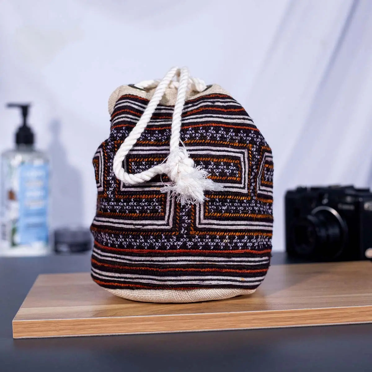 Vindigo brown embroidered canvas bucket bag front view