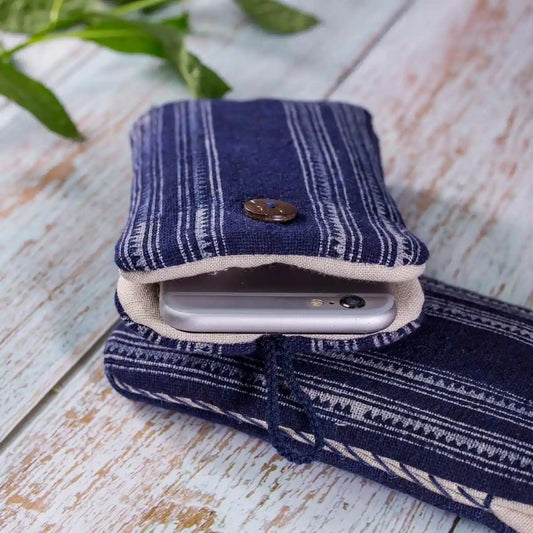Vindigo indigo phone case with striped fabric and open view