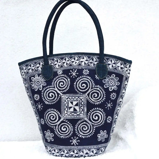 Vindigo batik tote front view with spiral motifs