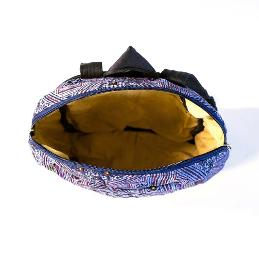 Vindigo purple hemp geometric backpack open interior with yellow lining