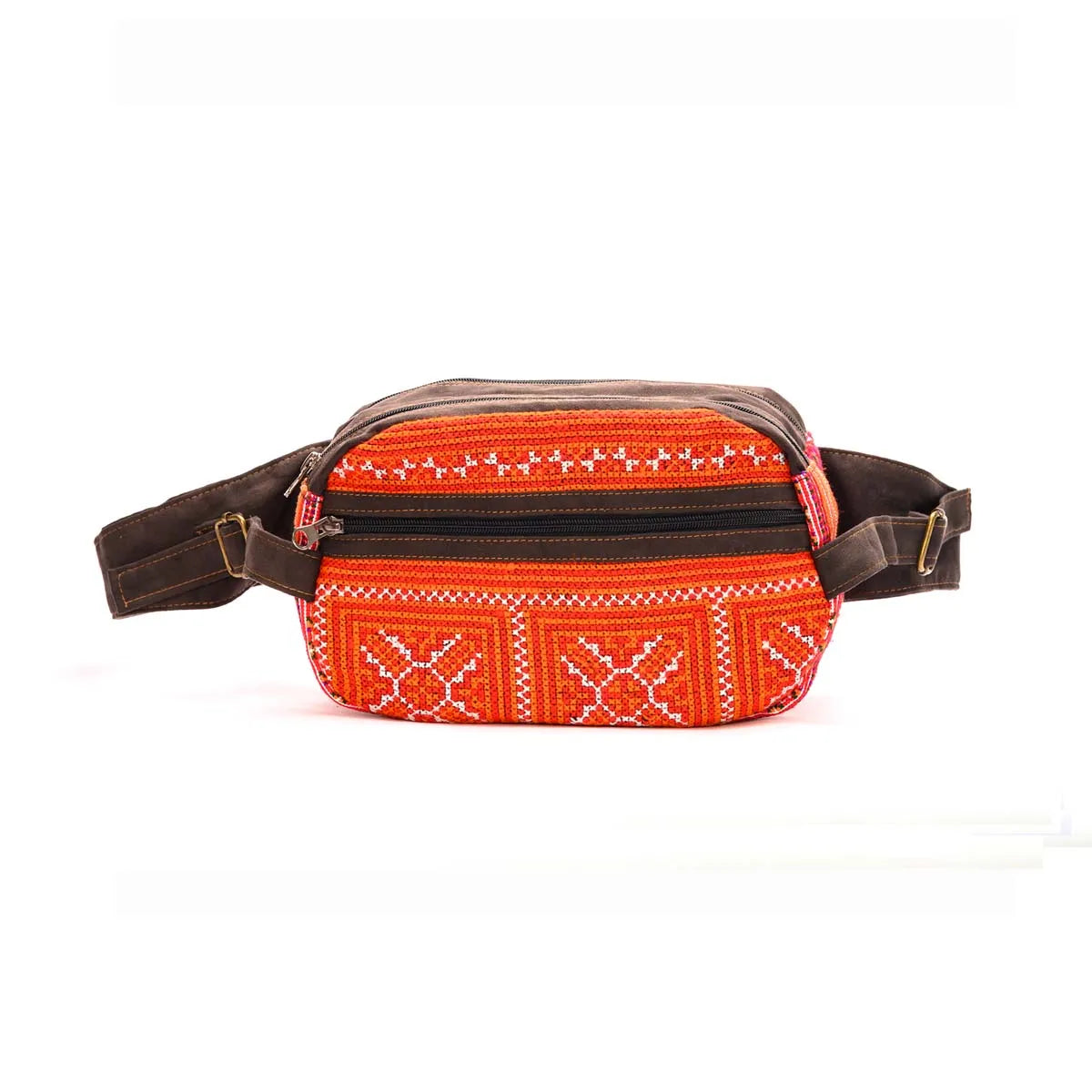 Vindigo red hemp fabric roll with tribal embroidery front view