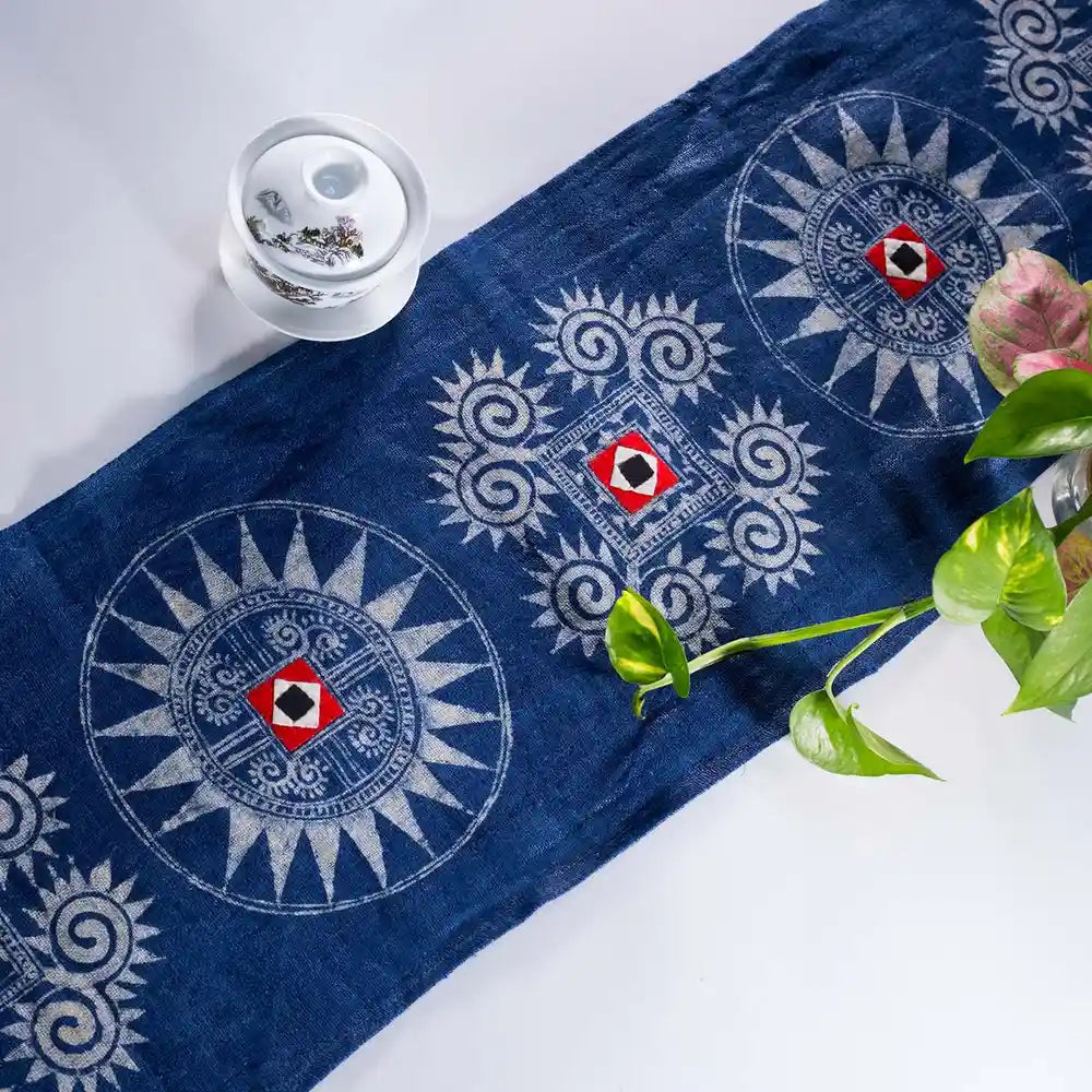 Vindigo handmade indigo hemp table runner side view with teacup decor