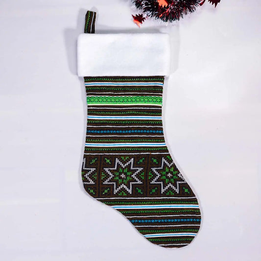 Vindigo green tribal embroidery Christmas stocking with white cuff front view