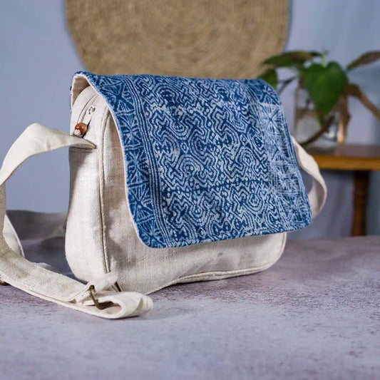 Vindigo hemp crossbody bag with indigo batik flap side angle