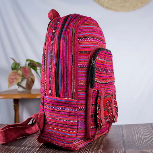 Vindigo pink embroidered cotton backpack side view
