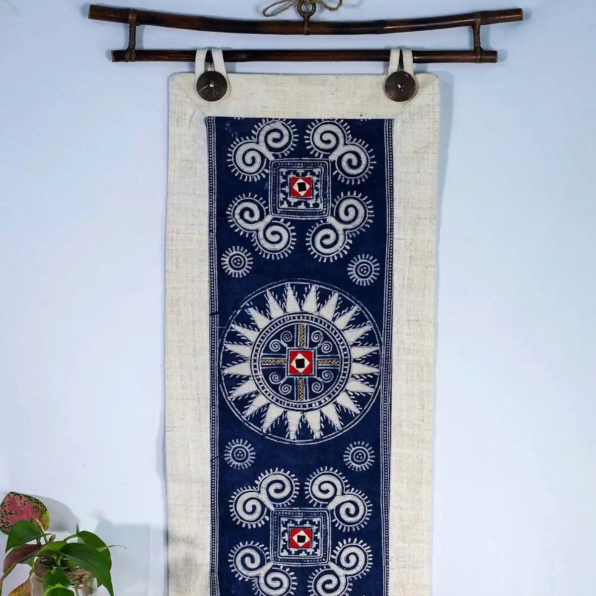 Vindigo indigo hemp batik tapestry front hanging view