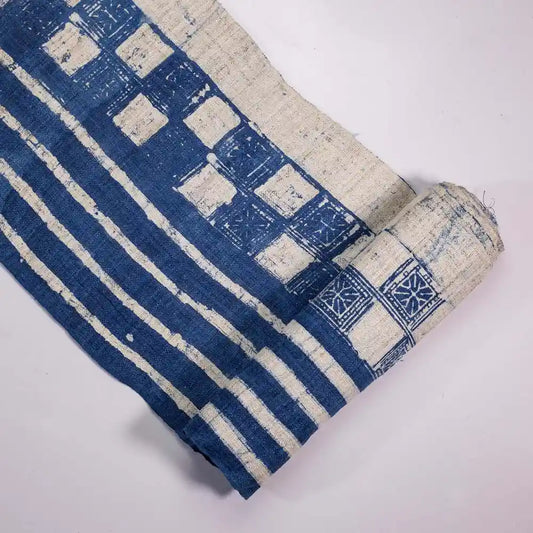 Vindigo indigo striped check fabric roll folded view