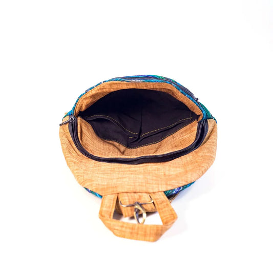 Vindigo blue embroidered backpack with open top showing inner pocket