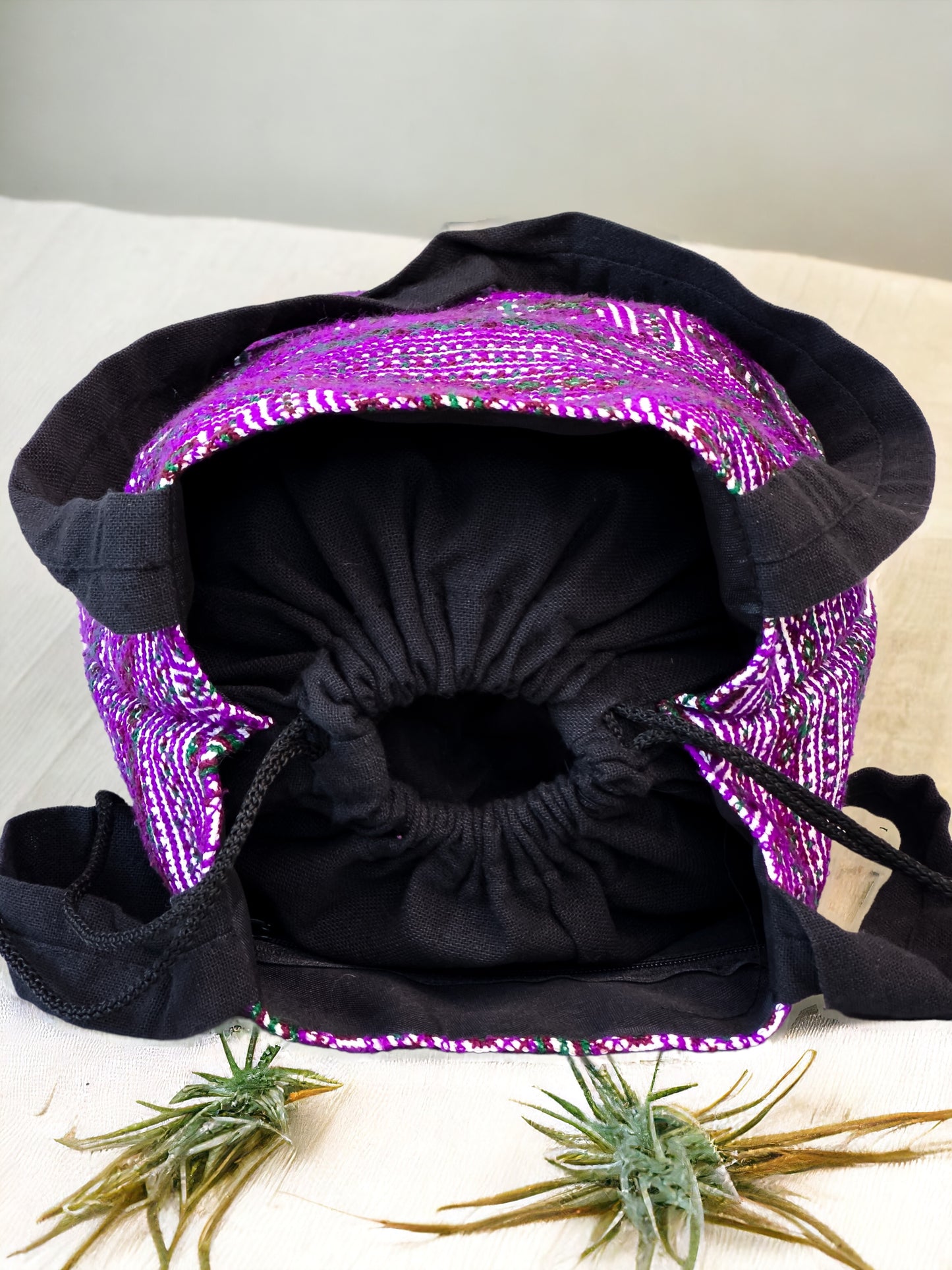 Purple embroidery shoulder bag with string to close