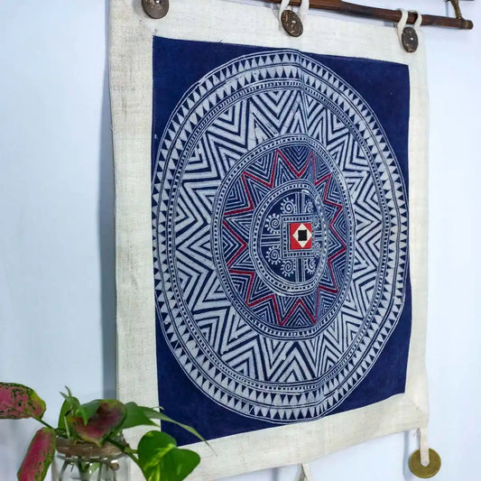 Vindigo indigo hemp batik tapestry displayed at an angle