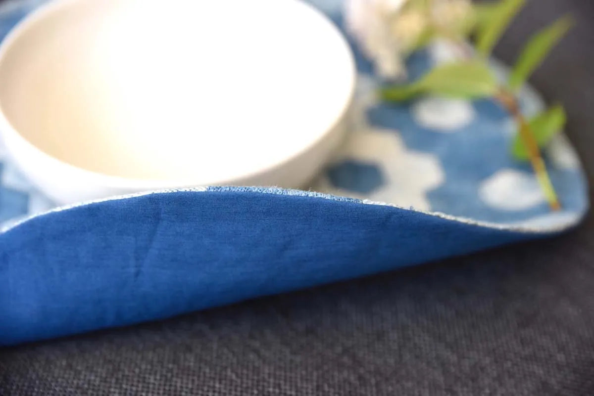 Edge detail showing stitching of light blue denim placemat