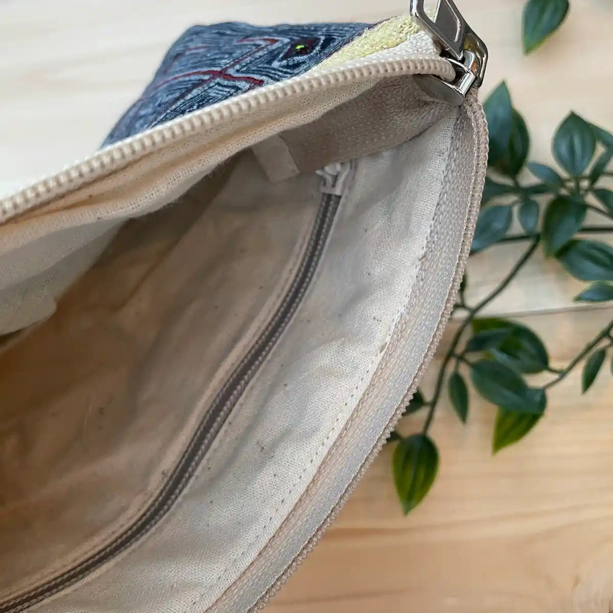 Inside view of pouch bag showing lining and zipper