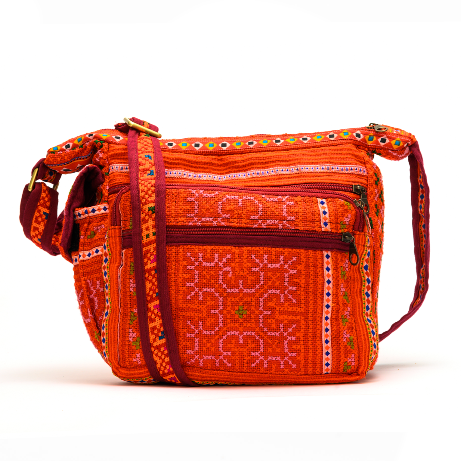 Boho-style linen, embroidery cross-body bag, H'mong tribal pattern