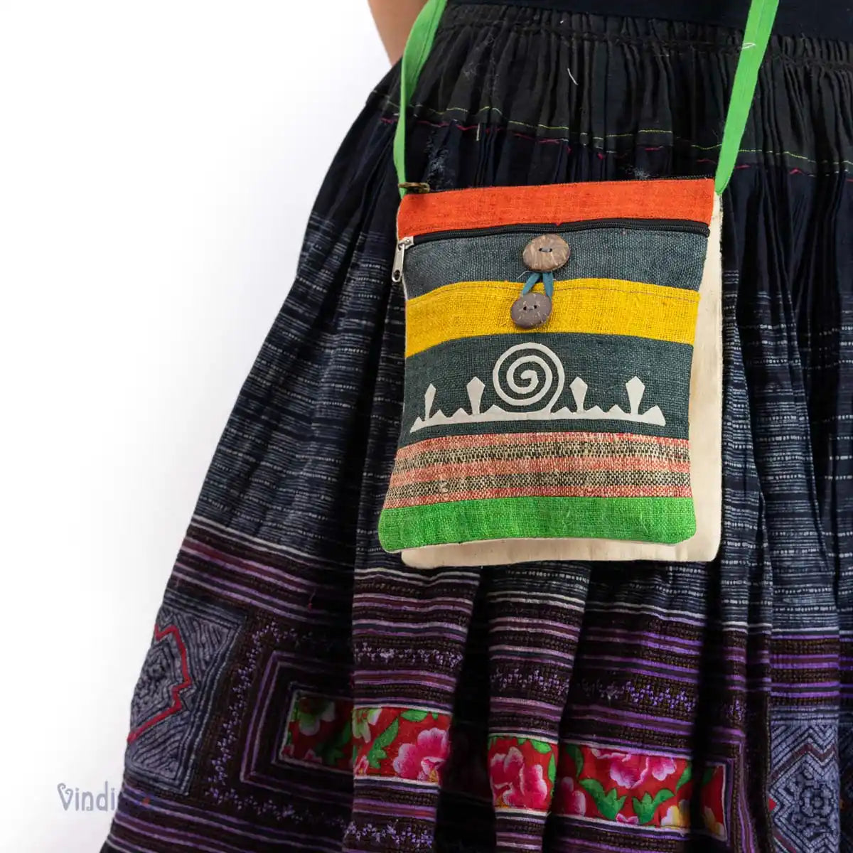 Vindigo yellow and green hemp patchwork crossbody bag lifestyle shot