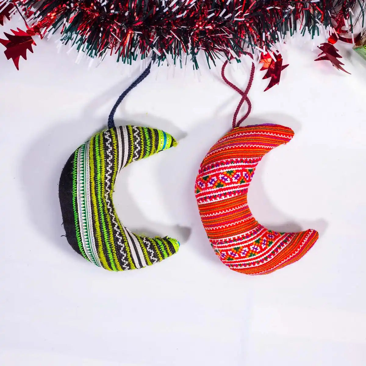 Vindigo green and red tribal embroidered moon ornaments pair hanging display