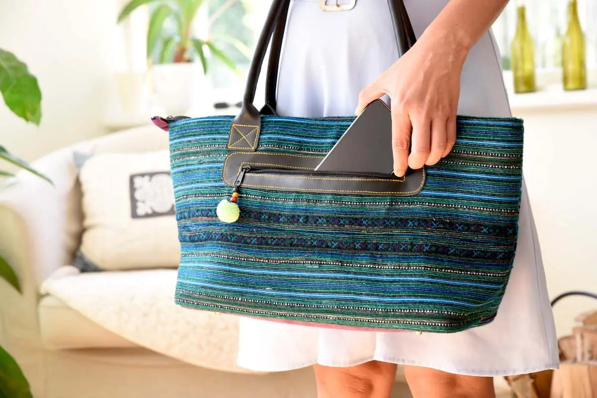 Blue purple hemp tote with external pocket for easy access