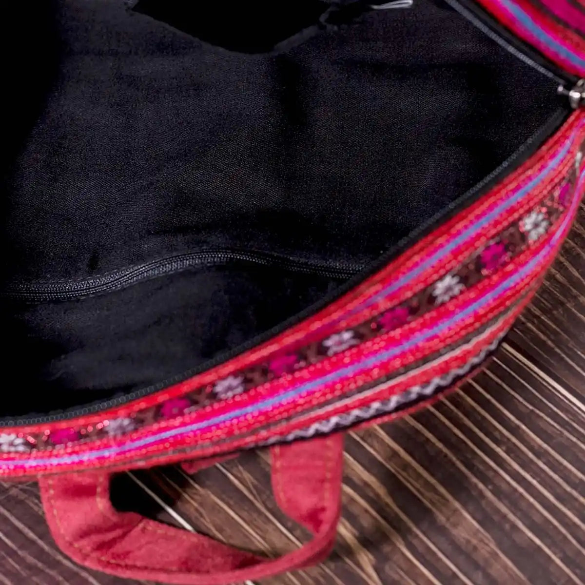 Vindigo pink embroidered cotton backpack interior view