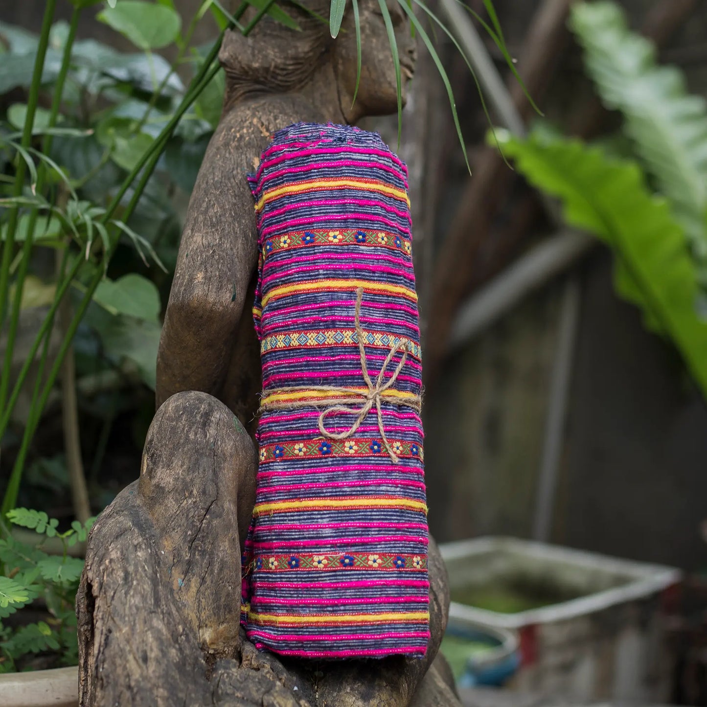 Vintage indigo rolls with pink stripes and tiny embroidery details