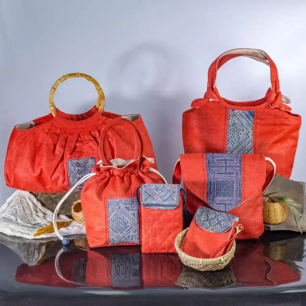 Set of red hemp bunny ear handbags with vintage H’Mong patches, sustainable fashion from Vietnam