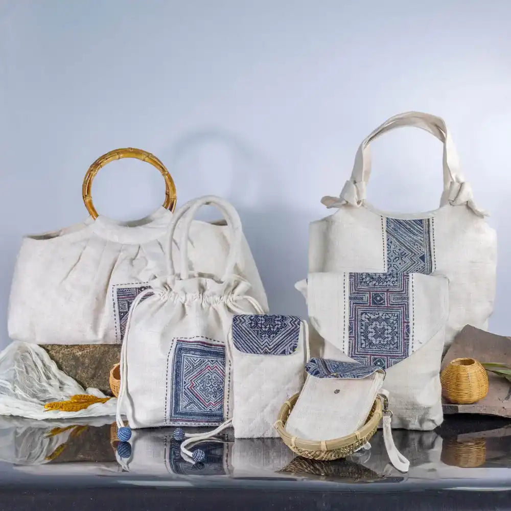 Collection of handmade hemp handbags and batik fabric patches