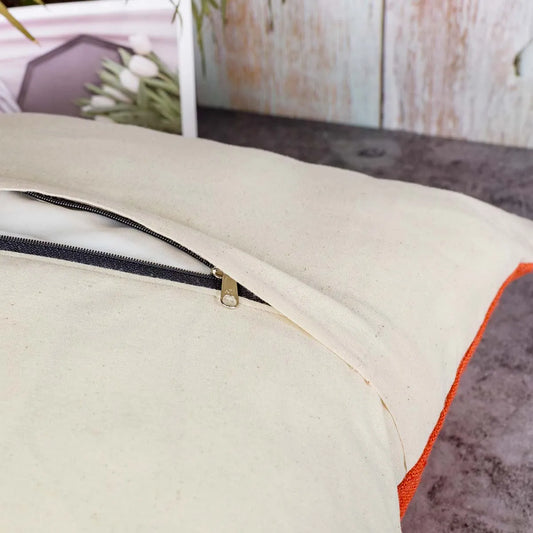 Vindigo cushion cover orange striped spiral zipper detail view