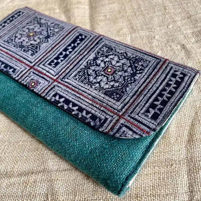 Vindigo long purse teal hemp tribal embroidery detail
