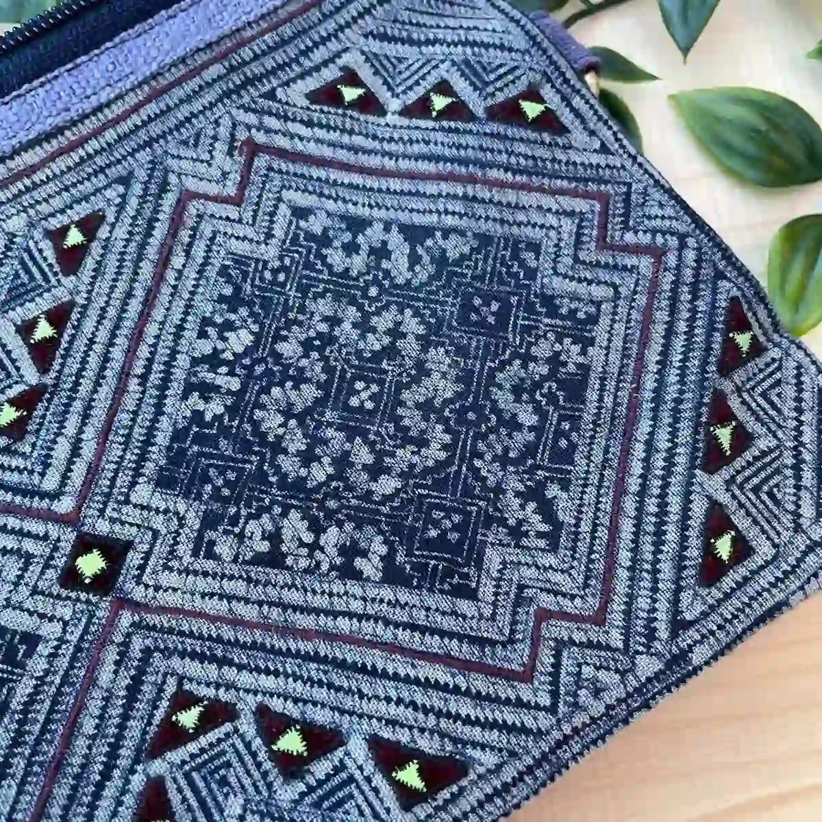 Vindigo cosmetic bag blue embroidered square pattern close detail