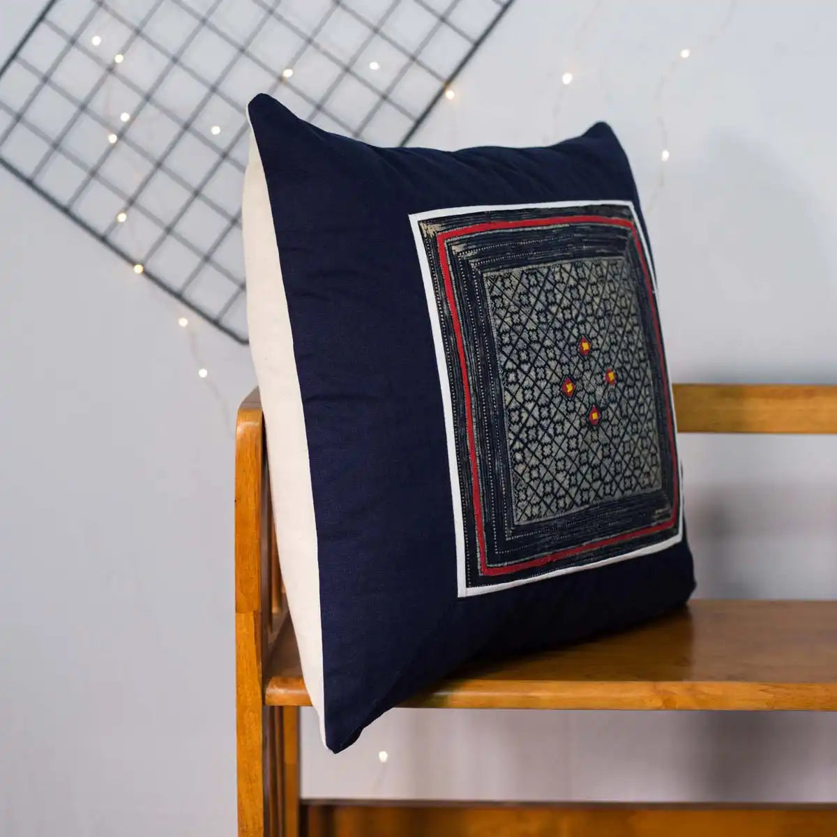 Vindigo cushion cover navy embroidered geometric dots side angle