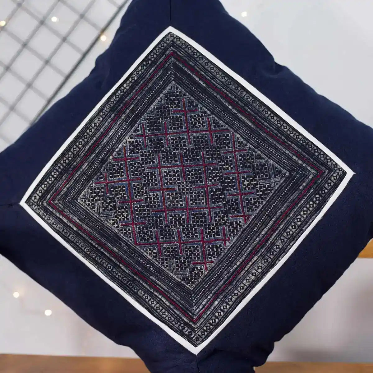 Vindigo cushion cover navy embroidered red grid styled angle