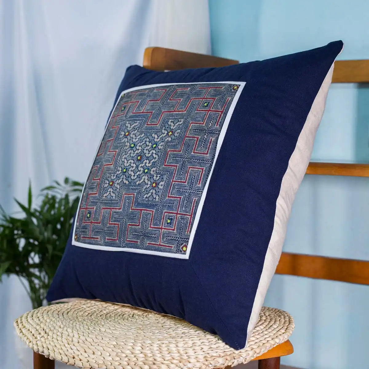 Vindigo cushion cover navy embroidered side view