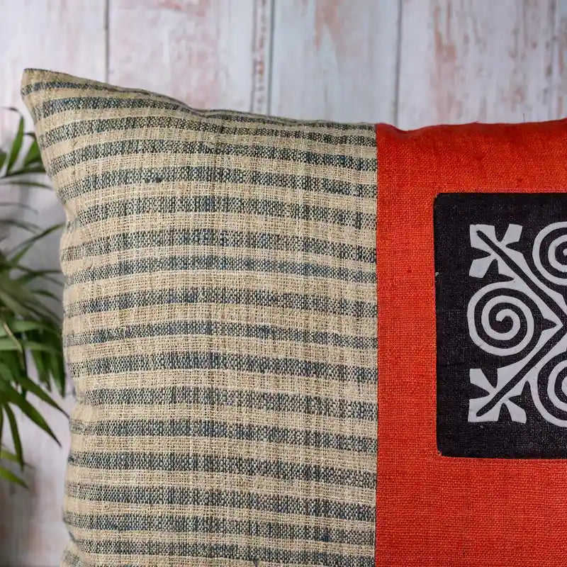 Vindigo cushion cover orange beige hemp spiral back view