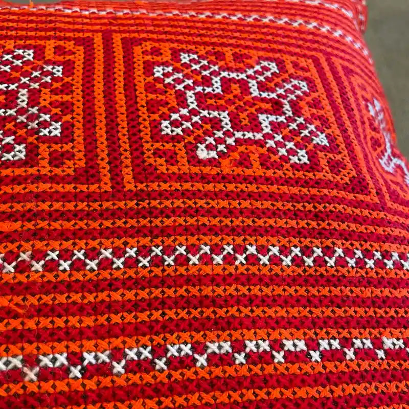 Vindigo cushion cover red handwoven pattern embroidery detail