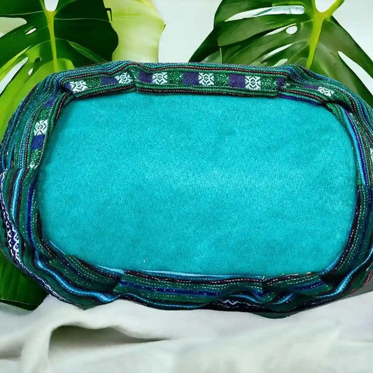 Vindigo handbag teal embroidered with green lining bottom view
