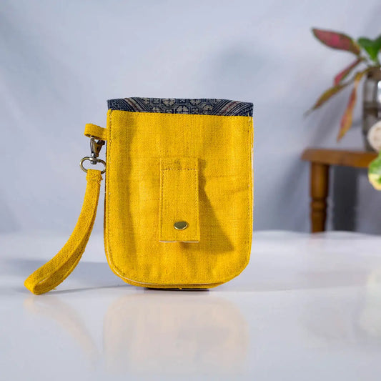 Back view of yellow hemp flip phone belt bag with H’Mong patch, eco-friendly handmade design.