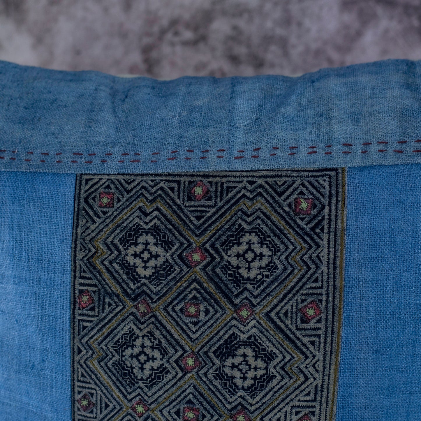 Blue Indigo Motif H’mong – Boho Hemp Cushion Cover