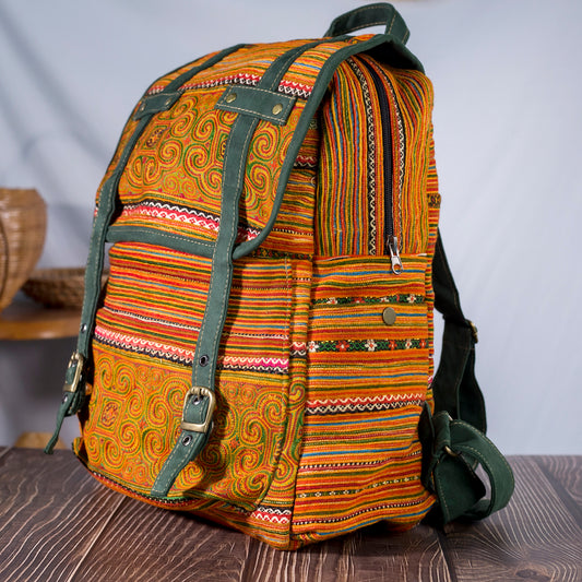Big-sized backpack, orange hand-embroidery fabric, faux leather trim, moss green color