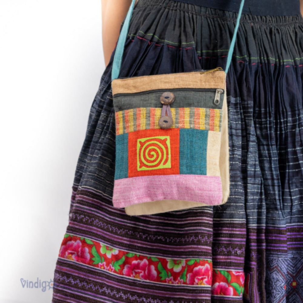 Pink pattern on orange patch - Hemp crossbody bag