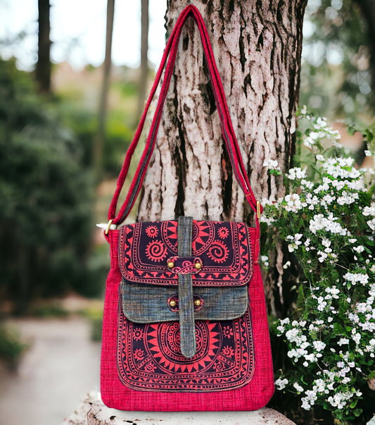 Batik cross-body bag, hand-drawn batik pattern, phoenix red, sun pattern