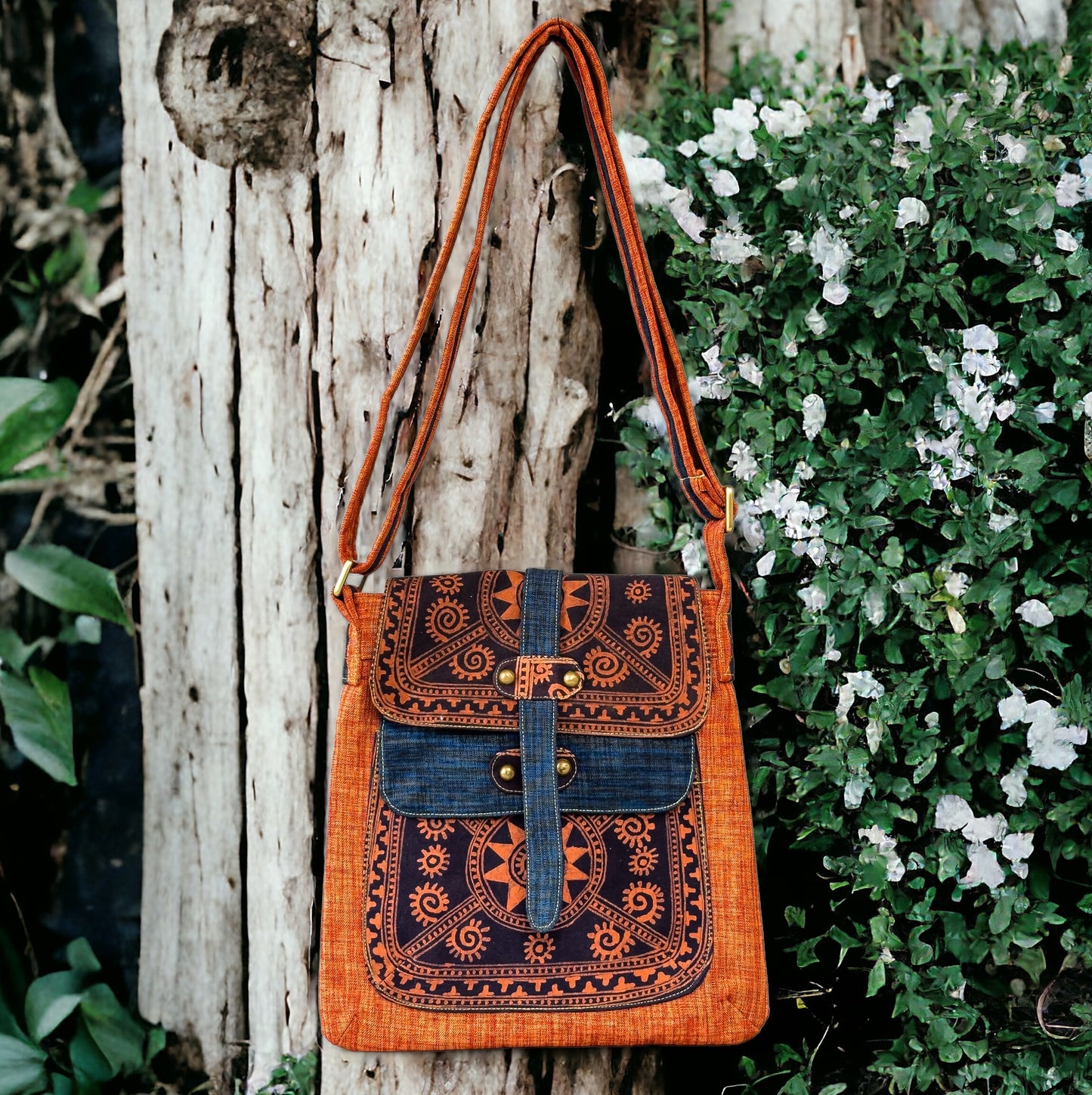 Batik cross-body bag, hand-drawn batik pattern, saffron spice orange