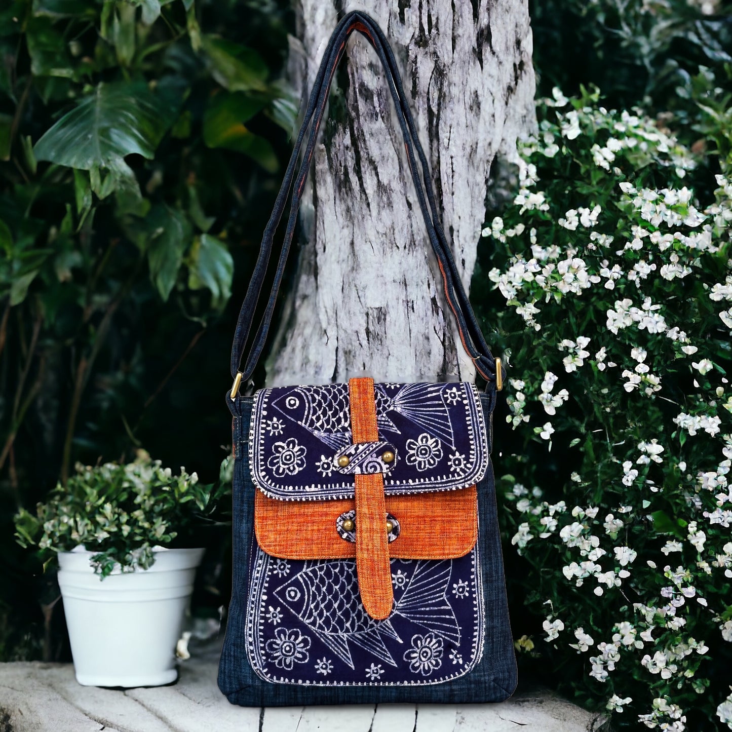 Batik cross-body bag, hand-drawn batik pattern, ocean flow pattern, dark blue