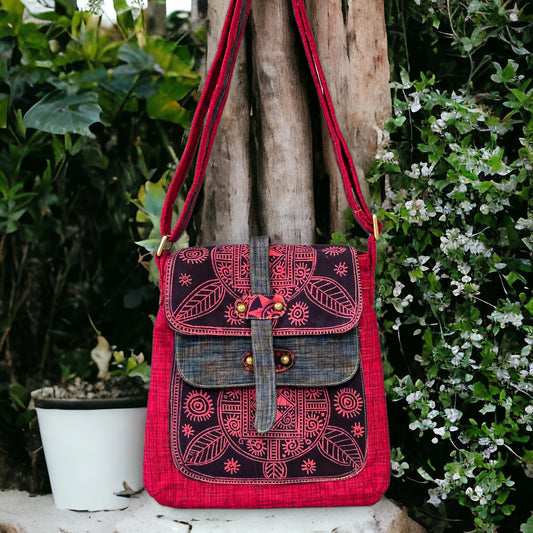 Batik cross-body bag, hand-drawn batik pattern, phoenix red