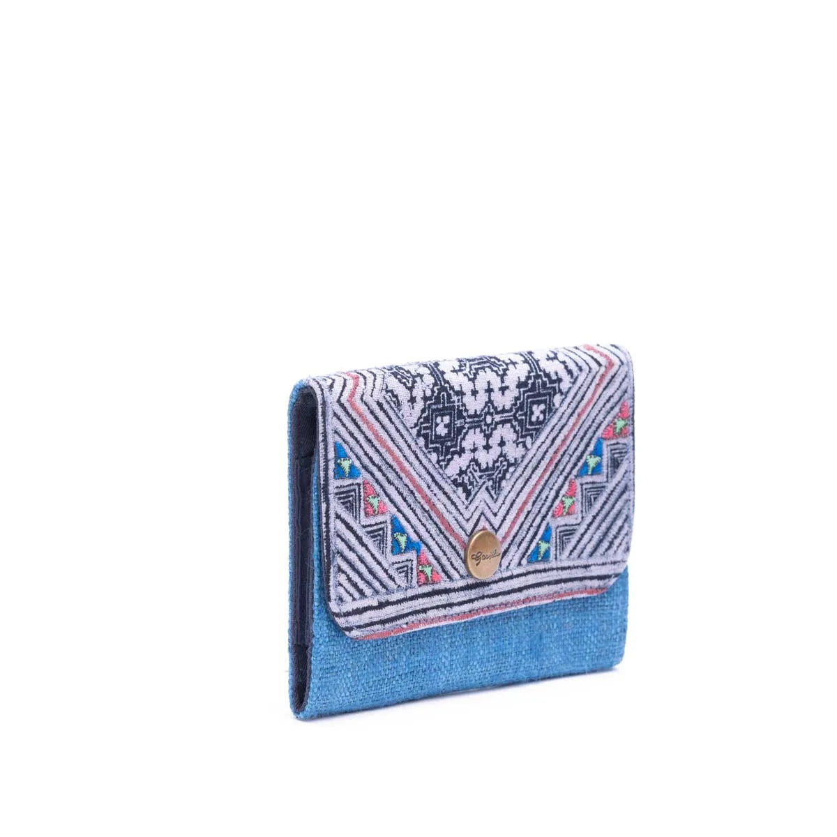 Vindigo handwoven blue wallet with geometric batik flap side angle