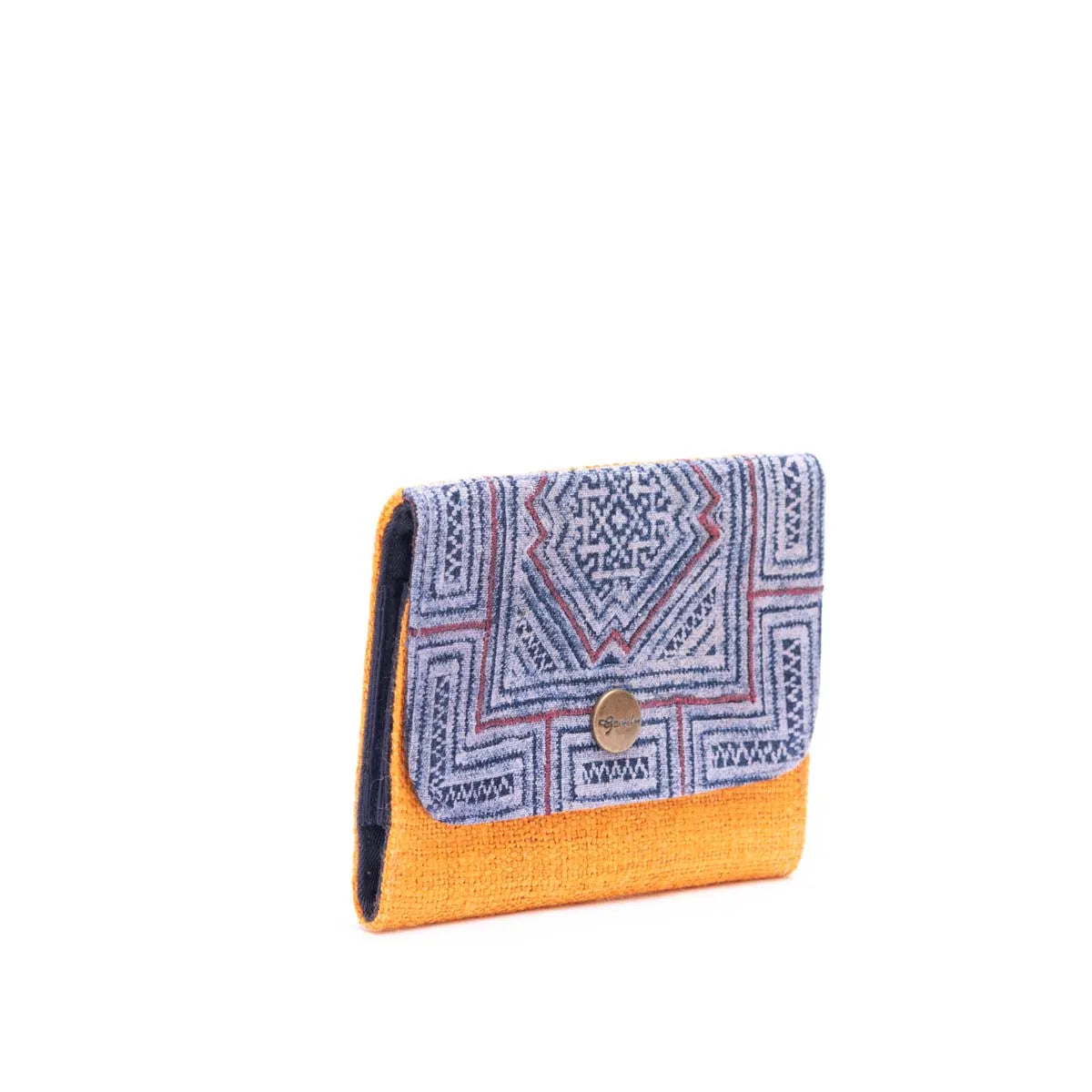 Vindigo side angle of hand-dyed cardholder with tribal embroidery