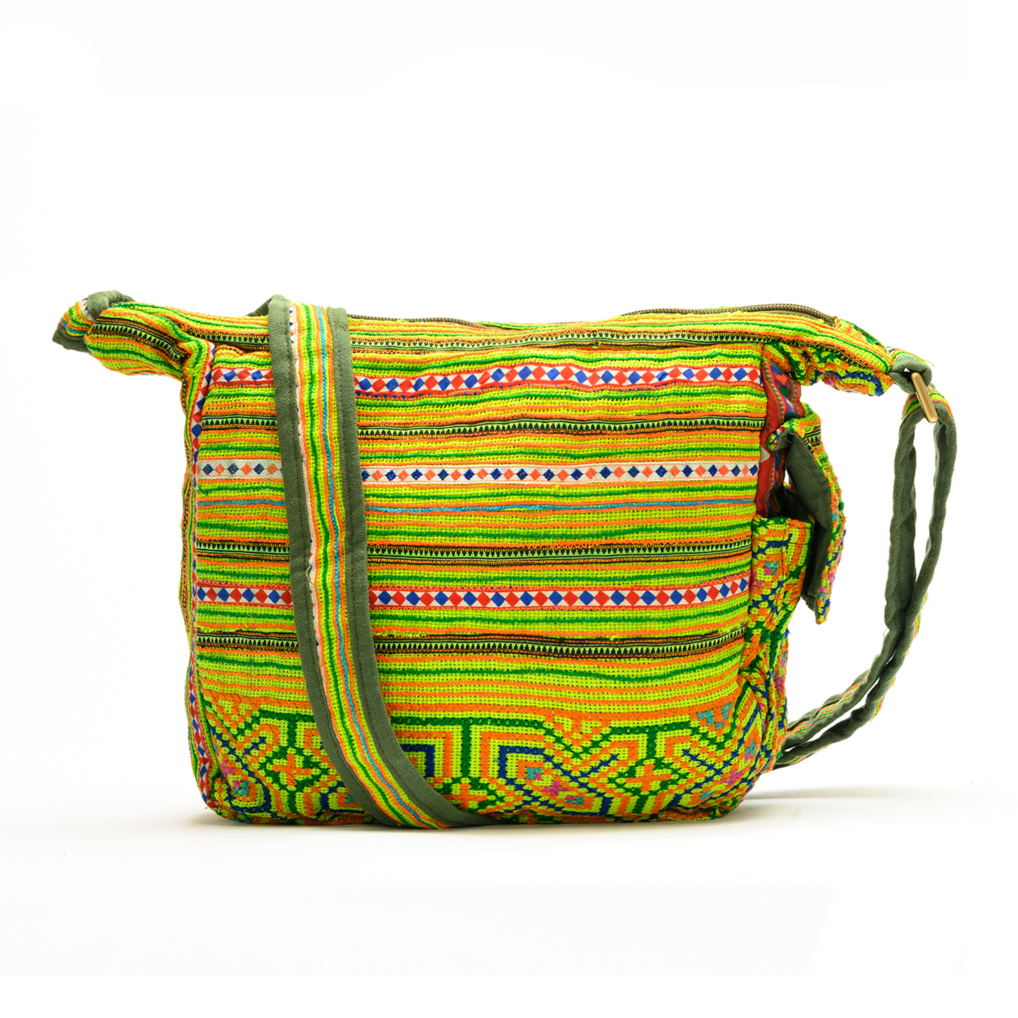 Boho-style linen, embroidery cross-body bag, H'mong tribal pattern in bright GREEN