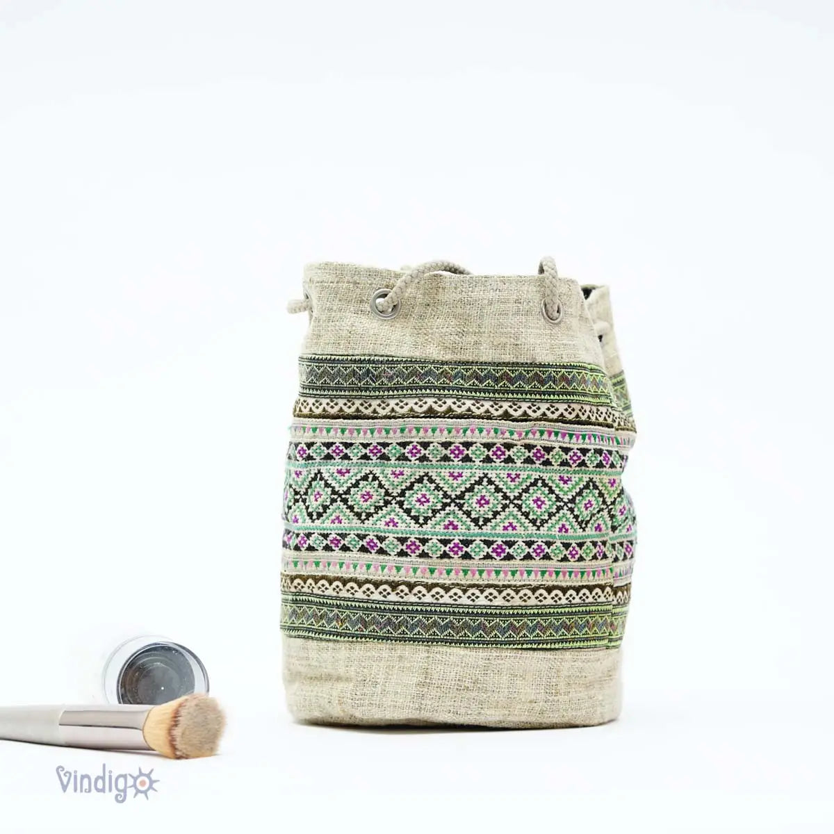 Vindigo green hemp tribal drawstring pouch front view