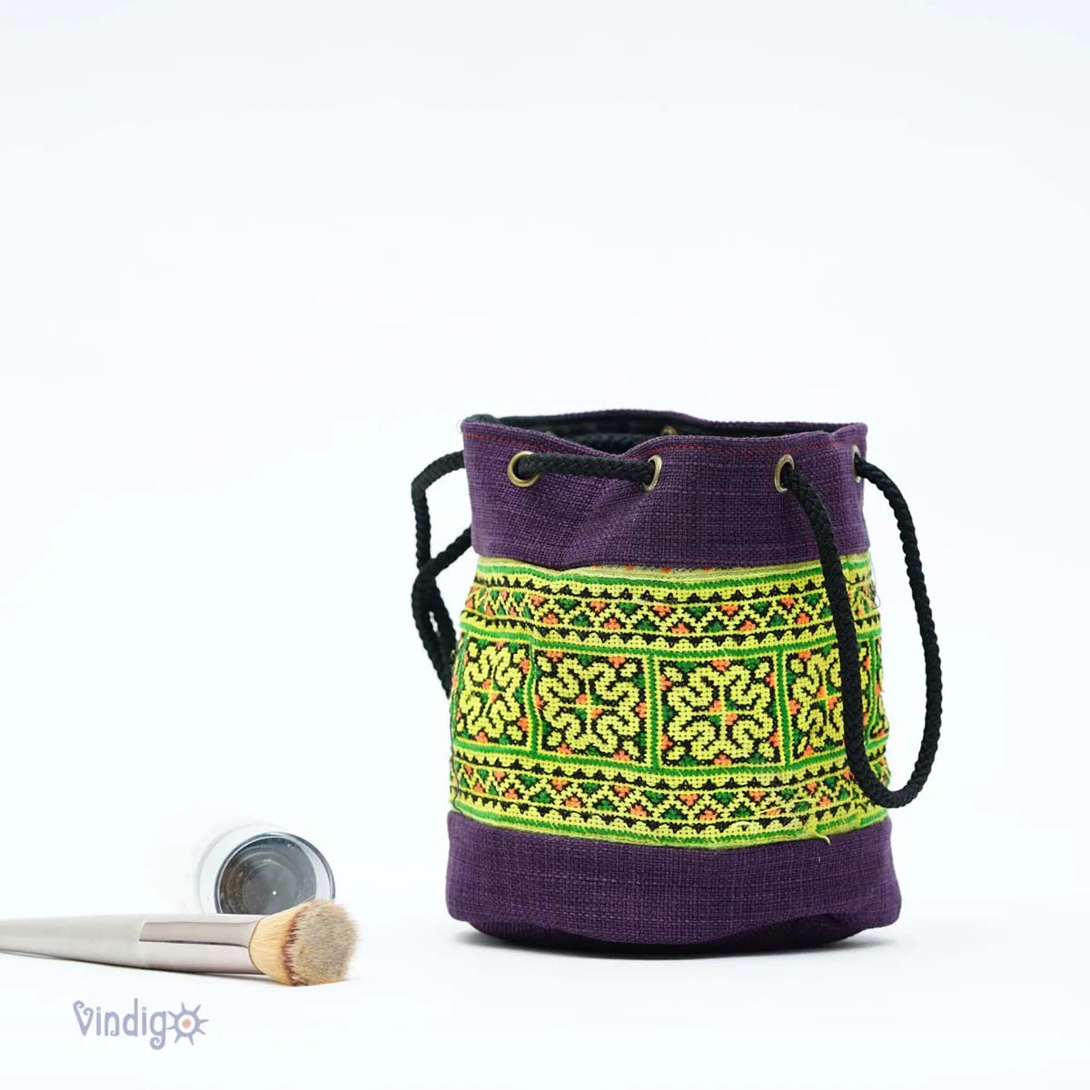 Vindigo purple tribal hemp mini drawstring pouch front view