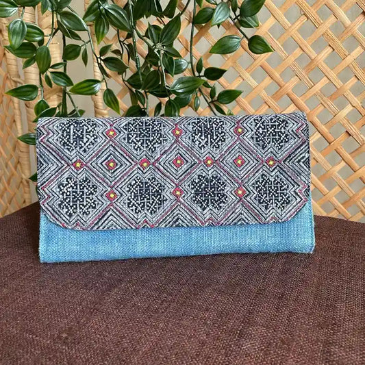 Vindigo long purse denim blue hemp diamond eye pattern front view