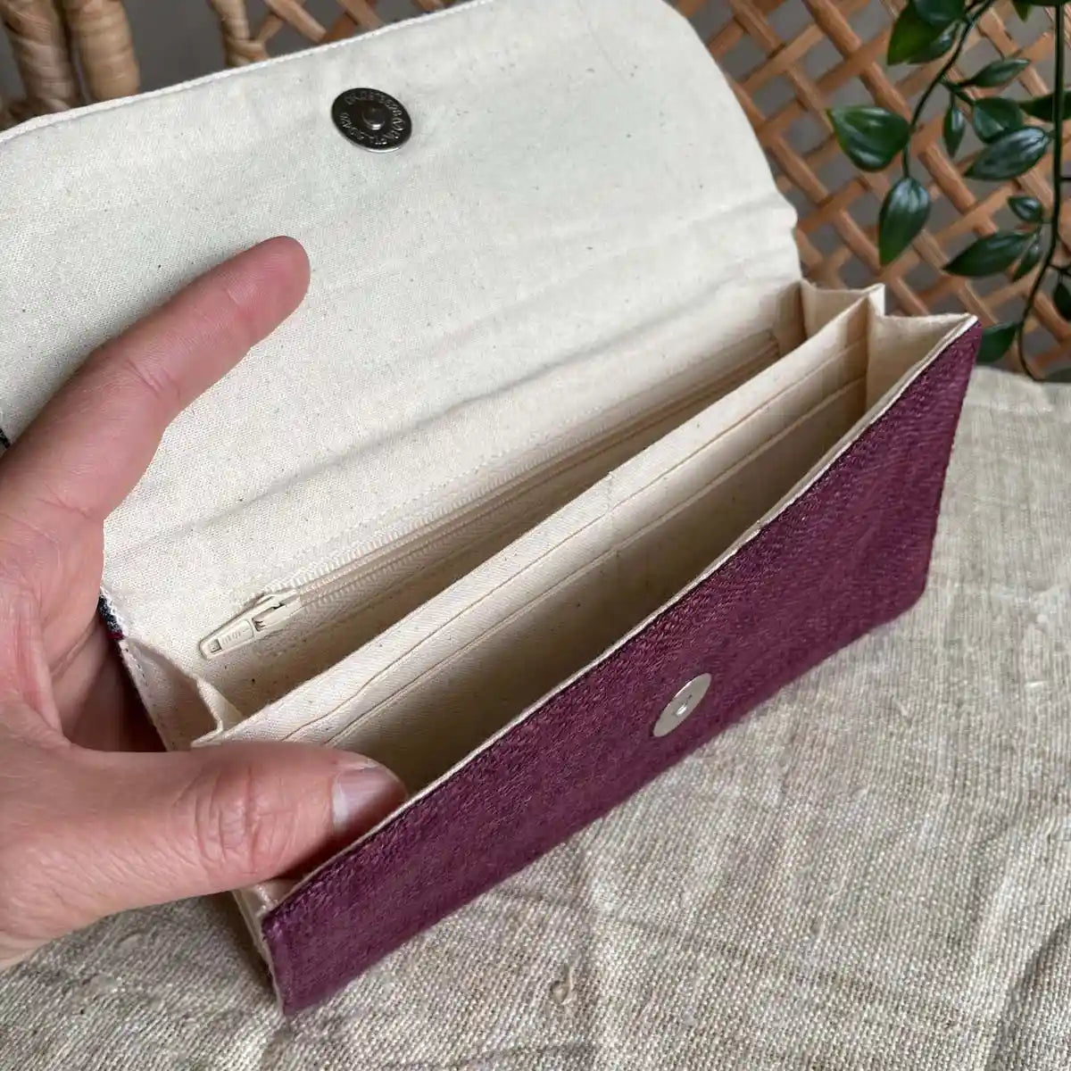 Vindigo long purse burgundy hemp geometric inside view with hand